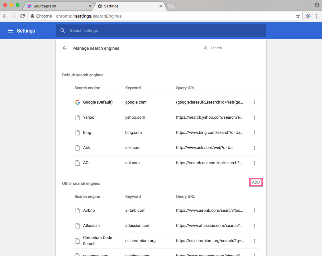 Browser search engine shortcuts sourcegraph docs